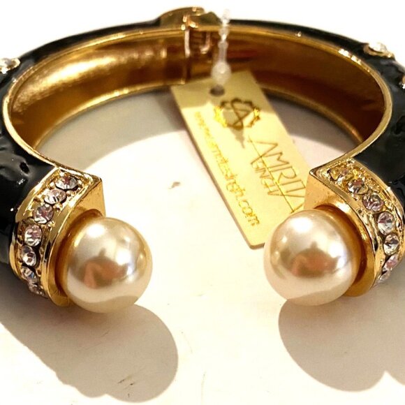 AMRITA Black Enamel, Crystal & Pearl Cuff Bracelet - Picture 4 of 5